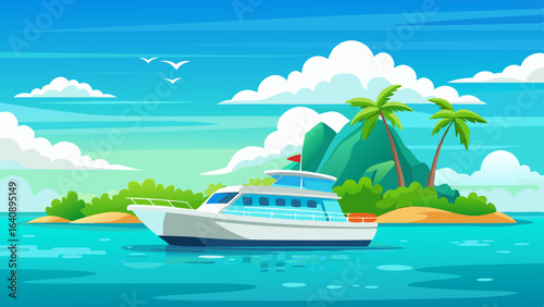 a boat in turquoise ocean water with a backdrop