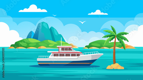 a boat in turquoise ocean water with a backdrop