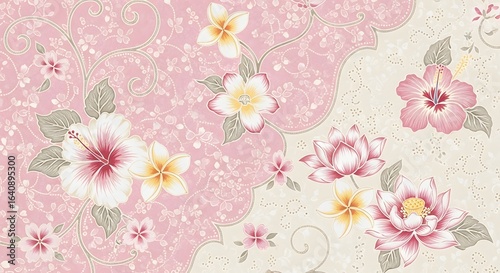 Delicate pink floral pattern with hibiscus and lotus blossoms, featuring intricate swirling details and a soft, textured background.