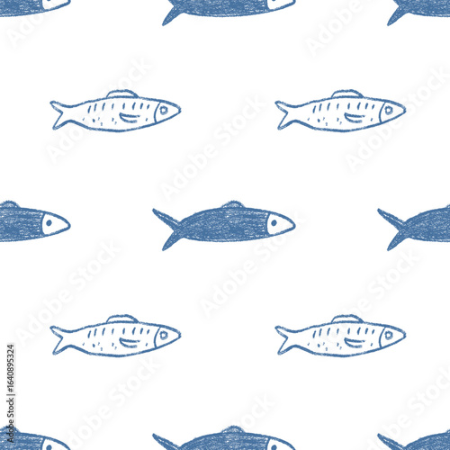 Crayon fish seamless pattern. Sardines hand drawn endless background. Nautical repeat cover. Sea continuous ornament. Surface pattern design water motif. Vector simple illustration.