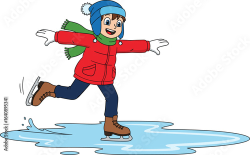 Cartoon ice skater, winter outfit, red jacket, green scarf, blue hat, gliding pose, vector art, cad drawing flat vector illustration