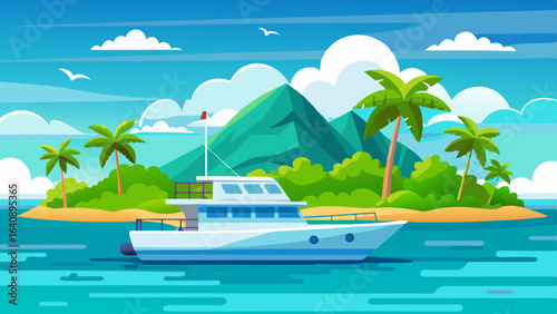 a boat in turquoise ocean water with a backdrop
