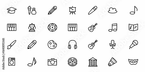 Art and Music Line Art Icons — Minimal Painting, Drawing, Instruments, Performance, and Creative Symbols

