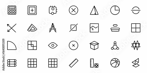 Mathematics and Geometry Line Art Icons — Minimal Calculator, Shapes, Graphs, Equations, and Arithmetic Symbols

