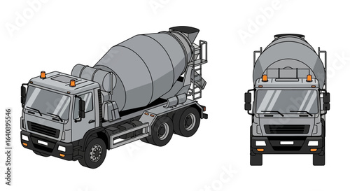 Gray Cement Mixer Truck Front and Side Views Construction Vehicle Illustration.