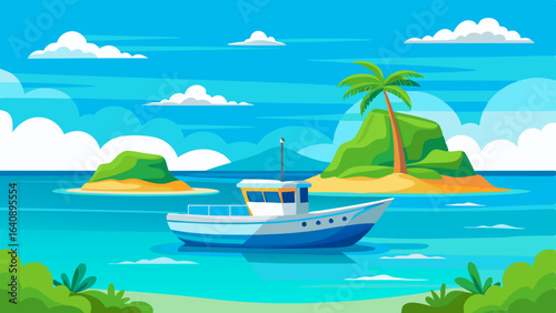 a boat in turquoise ocean water with a backdrop