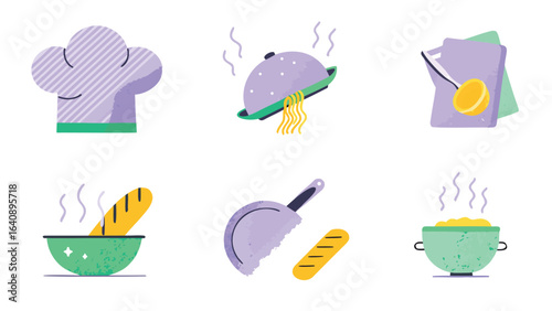 Illustration of a chef hat, food cover, cooking ladle, bread, pan and a bowl of steaming food