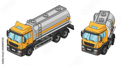 Isometric Illustration of a Yellow and Grey Tanker Truck.