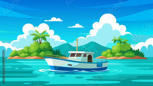  a boat in turquoise ocean water with a backdrop