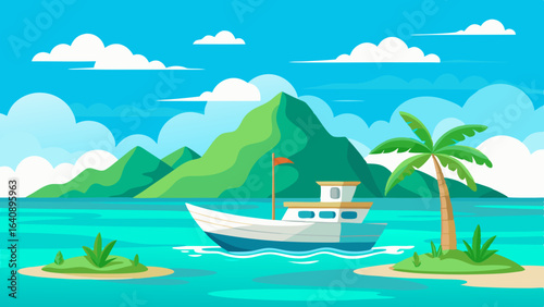  a boat in turquoise ocean water with a backdrop