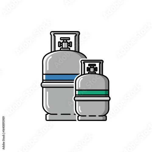 Two gas cylinders shown on clean white background. These gas cylinders are for propane and butane, for industrial and domestic use. Consider gas cylinders for energy and heating needs,