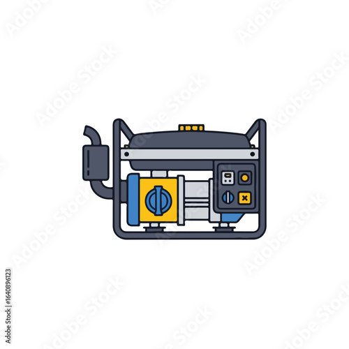 Illustrated generator set with blue and yellow components, a compact power generator for on site applications, rendered with precise lines. Mobile generator offers reliability,