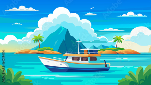  a boat in turquoise ocean water with a backdrop