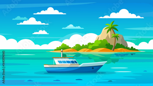  a boat in turquoise ocean water with a backdrop