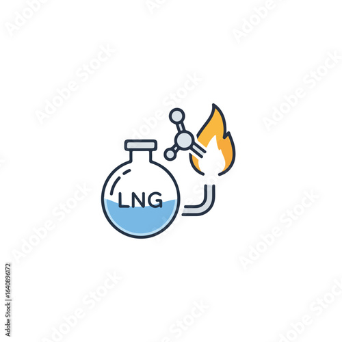 LNG depiction showcases flask filled with blue liquefied natural gas and flame. LNG production and use concept shows burning fuel and modern industrial applications of energy.