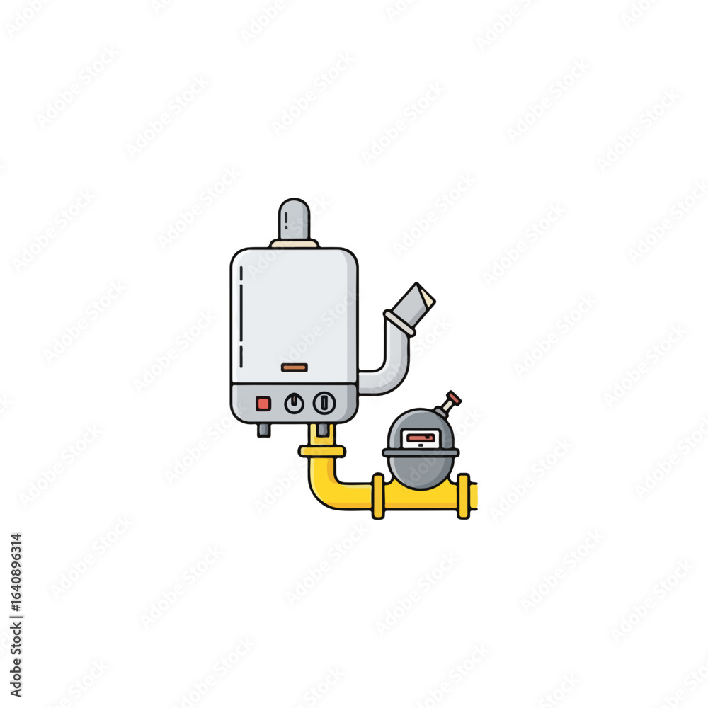 Naklejka premium Gas boiler installation with gas meter on white background, gas boiler for heating system, gas meter connection to pipeline. Home gas boiler is perfect solution for safety heating control,
