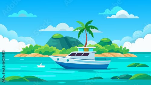  a boat in turquoise ocean water with a backdrop