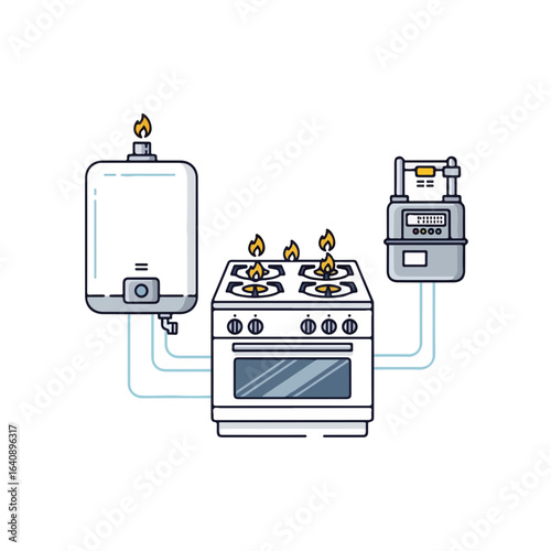 Gas appliances schematic presenting gas stove with burning flames and boiler with gas counter for energy consumption. Gas appliances display of gas stove with modern design, flame,