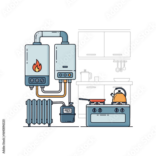 Modern domestic heating system shows gas boiler, radiator, and stove, modern domestic heating system. Functional modern domestic heating system ensures warmth,