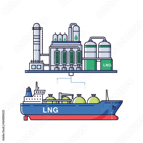 LNG transportation process on industrial scale shown with LNG tanker and plant. LNG industrial process involves loading and shipment of liquefied gas.