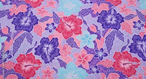 A vibrant and colorful tropical floral pattern featuring hibiscus and plumeria flowers on a purple background.