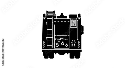 Rear View Silhouette of a Fire Truck with Ladder and Equipment.