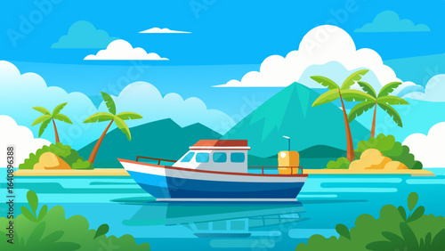  a boat in turquoise ocean water with a backdrop