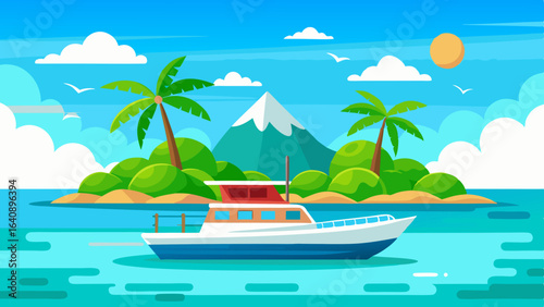 a boat in turquoise ocean water with a backdrop