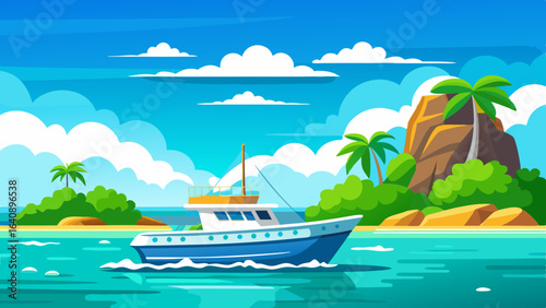  a boat in turquoise ocean water with a backdrop