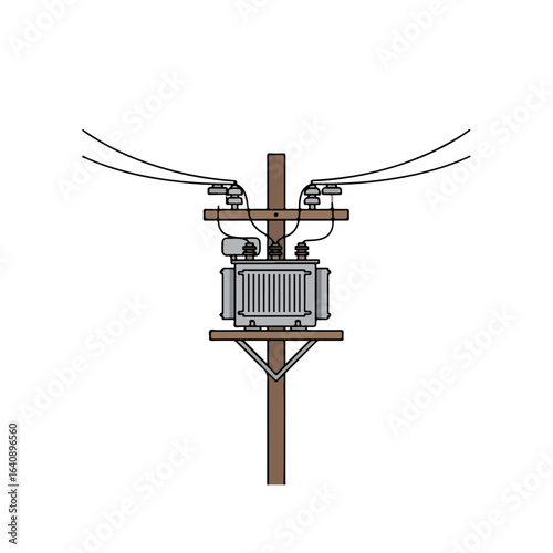 Power utility pole with transformer and electrical wires. Electrical equipment mounted on wooden post. City power infrastructure provides electricity for urban areas.