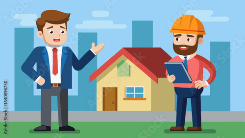 a businessman and roofer are facing forward giving