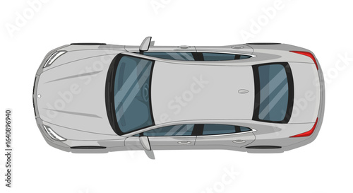 Silver Modern Sedan Car TopDown View Detailed Illustration.
