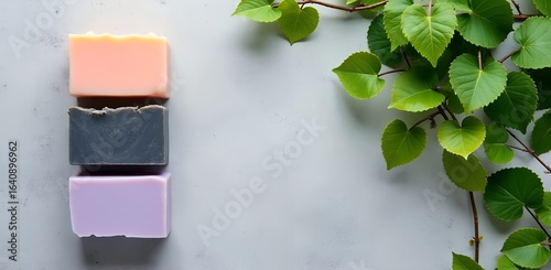 Three bars of handmade soap with green plant on grey surface