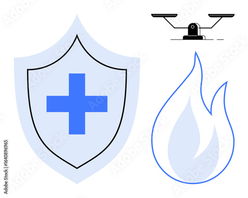 Shield with blue medical cross represents protection, flame signifies energy or risk, and balanced scales suggest justice or fairness. Ideal for themes on safety, healthcare, energy, law, risk