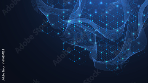 Molecular abstract structure and genetic engineering DNA. Healthcare and medicine background concept. Scientific research background. Wave flow. Innovation pattern. Vector illustration.