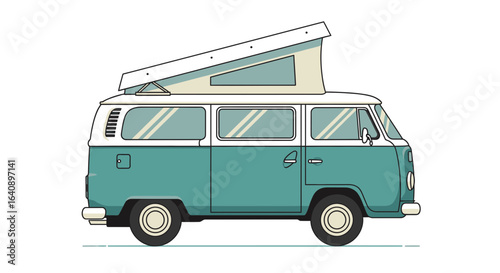 Teal Vintage Camper Van with PopTop Roof.