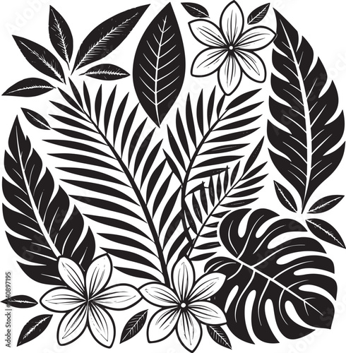 Black and White Tropical Leaves and Flowers Arrangement