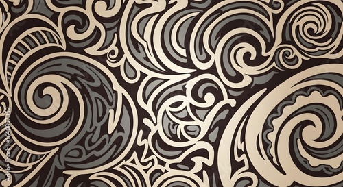 An intricate abstract pattern with flowing swirls and organic shapes in brown, beige, and grey tones.
