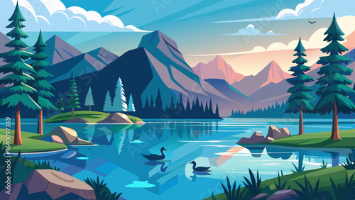 a serene lake surrounded by tall pine trees