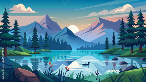 a serene lake surrounded by tall pine trees