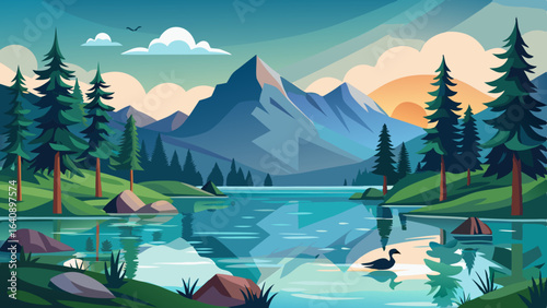 a serene lake surrounded by tall pine trees