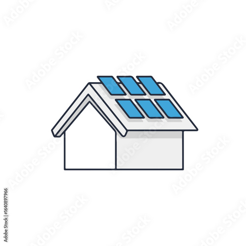 Simple house with solar panels on rooftop, clean energy solution. House with solar panels provides renewable power, reducing reliance on traditional sources.