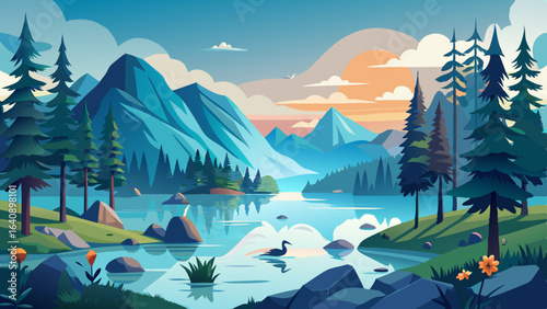 a serene lake surrounded by tall pine trees