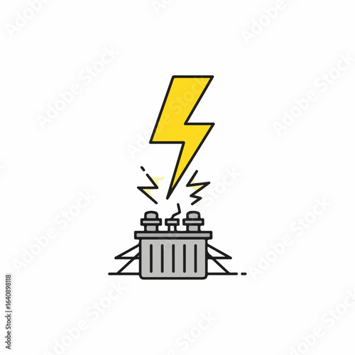Isolated transformer with lightning strike on white, simple flat design. Transformer is hit by lightning, causing a power outage in the city.