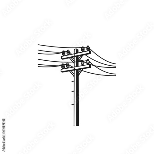 Isolated power pole illustration with cables against white background. Power pole depicts electricity transmission with wires and insulators. Design power pole for city communications.