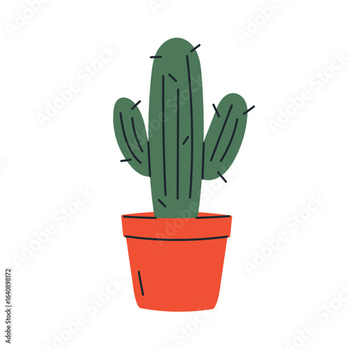 Potted cactus plant illustration, decorative green succulent cactus with sharp spines and prickles growing in flowerpot, exotic tropical houseplant for interior decoration flat vector illustration.