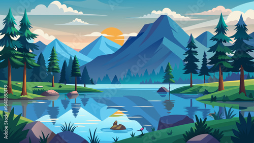 a serene lake surrounded by tall pine trees