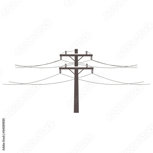 Isolated utility pole illustration on white, showing power lines and wooden structure. City communications depend on reliable electric infrastructure, including utility pole and grid cables.