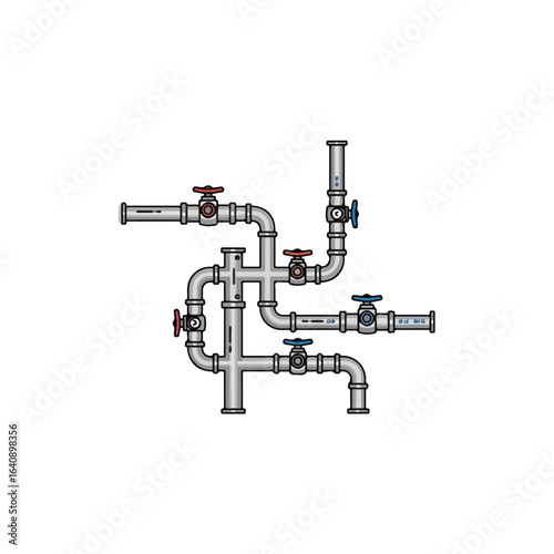 Complicated piping system with valves in detailed illustration, shows complex network of pipes. Piping system design with connections, bends, and flow control, provides technical understanding.