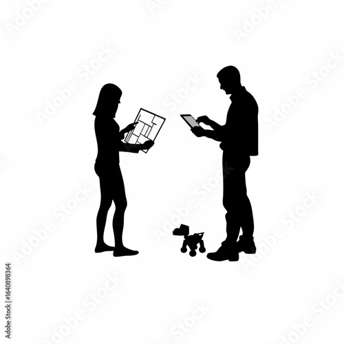 Male and female robotics designers collaborating silhouette isolated on white background